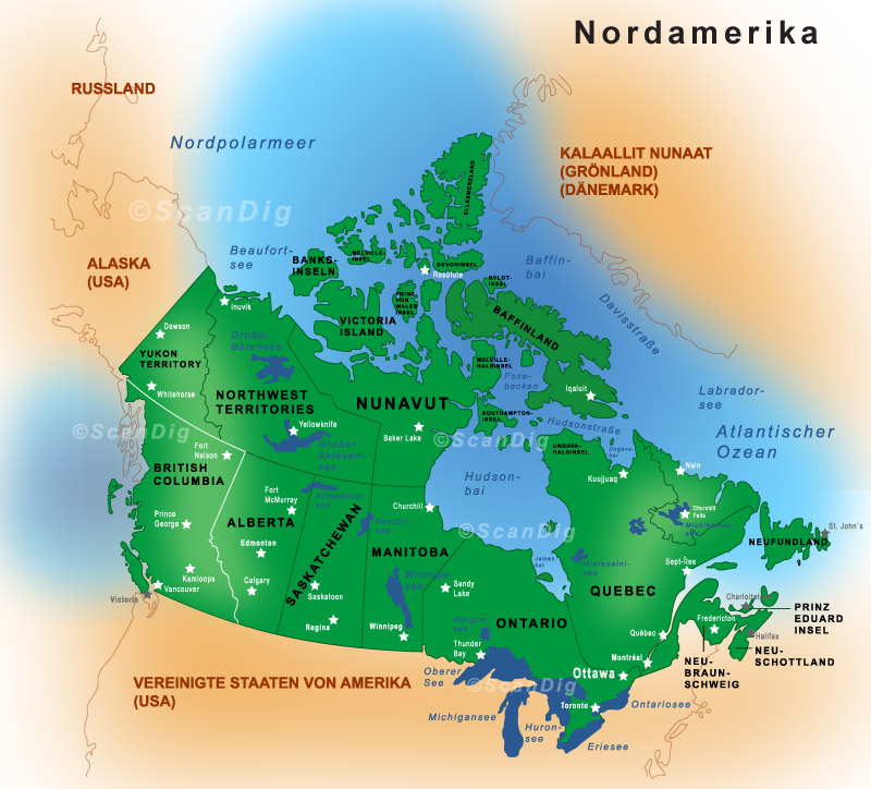 Karte von Nordamerika mit Kanada und British Columbia